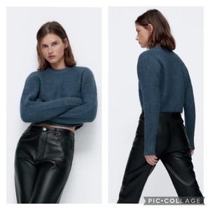 Zara Slate Blue Cropped Sweater Alpaca Wool Size Medium